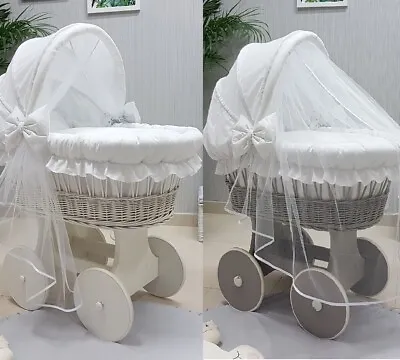 £149 • Buy Wicker Moses Basket With Hood Tulle + Stand + Big Wheels & White Bedding 