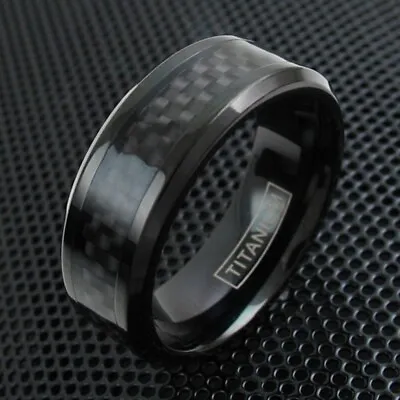 Black Titanium Men's Black Carbon Fiber Inlaid Center Band Ring Sizes 8-15 • $11.95