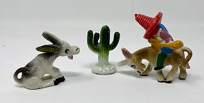 Rare Vintage PVC Mexican Sombrero Guitar Riding Donkey 2  Cactus 3 Pc Diorama • $9.87