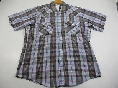 Western Frontier Shirt Men's Large Pearl Snap Short Sleeve Blue Plaid Polycotton • $19.99