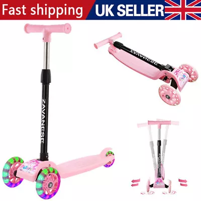 Kids Scooter Child Kick Flashing LED Light Up 3 Wheel Push Adjustable Folding • £17.98