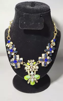 Vintage 90s J Crew Rhinestone Green Navy Pave Crystal Statement Necklace 18 - 21 • $24.99