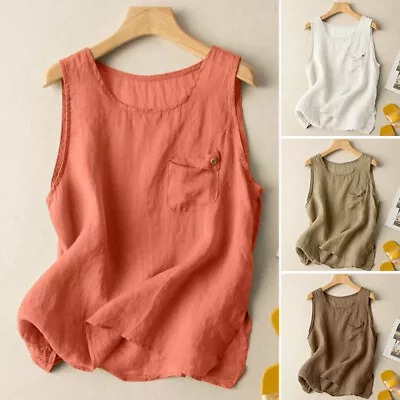 UK Womens Summer Tank Vest Shirts Cotton Linen Sleeveless Tops Blouse Tee 8-24 • £7.92