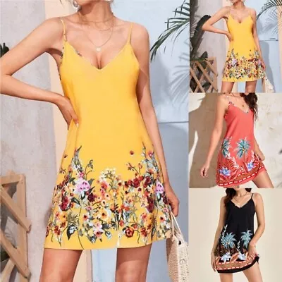 UK Womens Holiday Tank Floral Printed Dress Ladies Boho Maxi Beach Sundress • £8.99