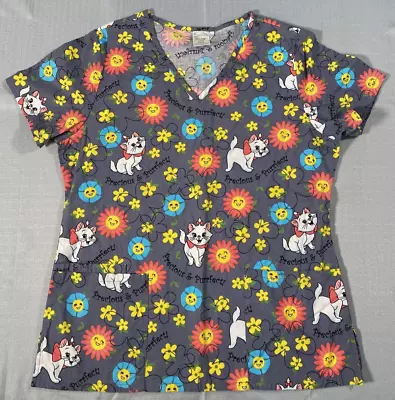 Aristocats Disney Scrub Top Women Small Gray Floral Daisy Cat VNeck Short Sleeve • $17.77