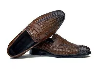 Men Shoes Handmade Leather Brown Woven Chitai Mat Moccasin Slip On Round Boots • £139.99