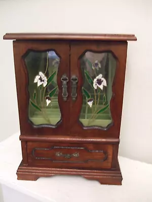Vintage Wooden Wardrobe Style Jewellery Box With Stained Glass Panels Retro • £14.99