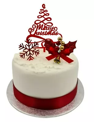 3 Piece SET RED HOLLY Merry Christmas Cake Decorations Log Cupcake Toppers  • £3.79