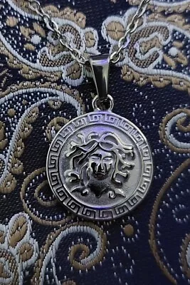 Silver Medusa Coin Pendant Necklace And 18K Gold Chain Hip Hop Fashion Jewlery • $43.61