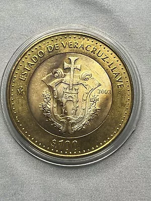 2003-Mo 100 Pesos Silver/Brass Bimetallic Crown Veracruz Toning • $10.50