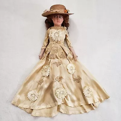 Vintage 21  Boudoir Paper Mache Head Cloth Body Doll With Satin Dress Straw Hat • $100