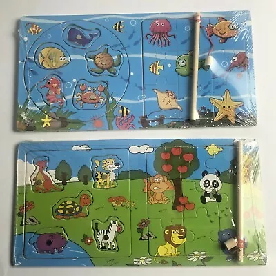 £5.99 • Buy 2x Wooden Sides Fishing Pole Animal ZOO Puzzle Jigsaw Game Magnetic Educational