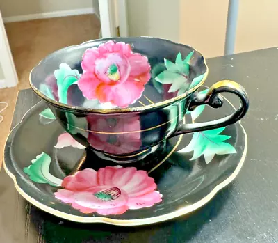 Cup & Saucer Set-Made In Occupied Japan-Merit China-Black W Pink Flowers-1945-51 • $8