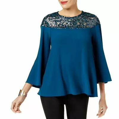 New Alfani Women's Blue Bell Sleeves Sequined Yoke Blouse Top NWT MSRP $89 A5403 • $23.19