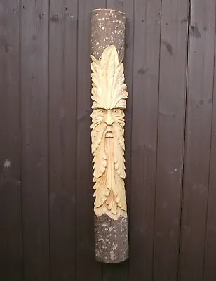 £44.99 • Buy Green Man Wood Carving Half Log Wall Hanging Garden Decor Truly Hand Carved