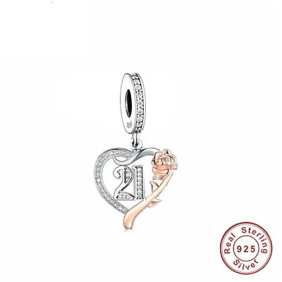 21st Birthday Heart Charm 925 Sterling Silver Pink Flower 21 Birthday Gift • £14.34