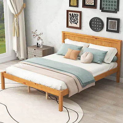 Queen Size Bed Frame Wood Platform Bed With Headboard Wood Slat Support Oak US • $309.99