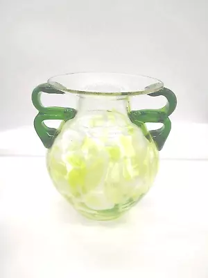 Vintage Art Glass Vase With Swirls Of Yellow Double Green Handles • $23.88