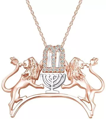 Jewish Round Shape White CZ Menorah & Lions Two Tone 92 Silver Pendant Necklace • $55.50