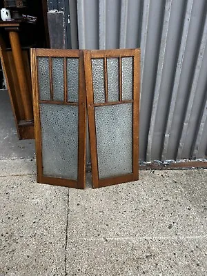 Pair Vintage Quartersawn Oak Cabinet Doors Privacy Glass Panels 41.25/16/.75” • $375