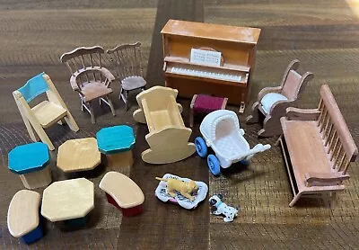 Vintage Wooden DOLLHOUSE MINIATURES Piano Chairs Tables Rocker Bench Baby Crib • $18.38