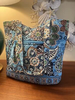 Vera Bradley Bali Blue Handbag Flat Bottom Floral Brown Shoulder Dbl Strap Clean • $18