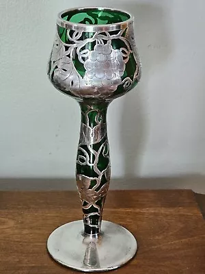 ART NOUVEAU Alvin Mfg Silver Overlay GREEN GLASS VASE/GOBLET/Candle Holder Grape • $225