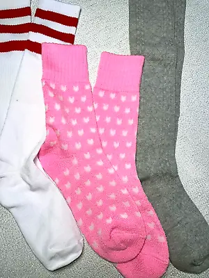 Vtg NOS Lot 3 Socks 80's Women Knee High Grey Pink Hearts Red White Stripe M • $19.90