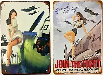 TWO 8x12 TIN SIGNS Fighter Plane Sexy Girl Pilot Bomber Flying War Air Force 855 • $19.98