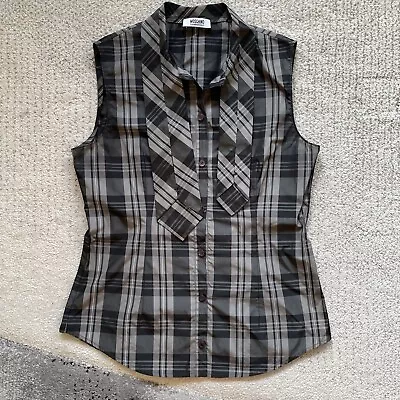 Vintage Y2K Moschino Cheap And Chic Medium Plaid Tie Neck Shirt Avril Black Gray • $40