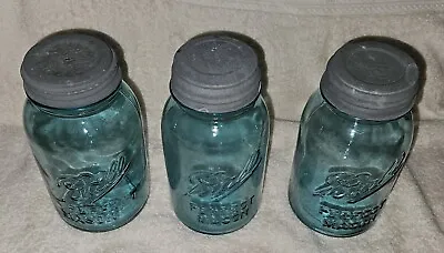 Lot Of 3 Vintage Ball Perfect Mason Blue Glass Quart Jars W/ Zinc Lids • $20.99