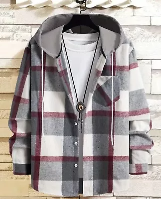 Hooded Plaid Shirt Red White And Grey Men's • £20