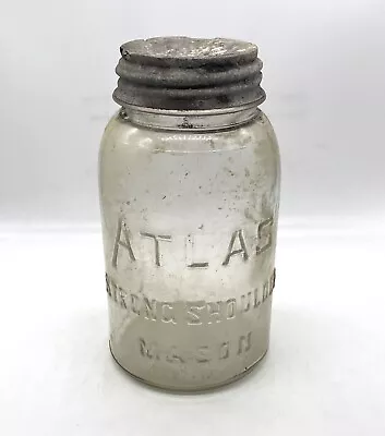 VINTAGE ATLAS Strong Shoulder Mason Pint Jar With Zinc Lid Vintage Glass R • $26