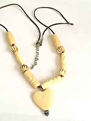 Vintage Cow Bone Beaded Necklace With Heart Pendant 22  • $17