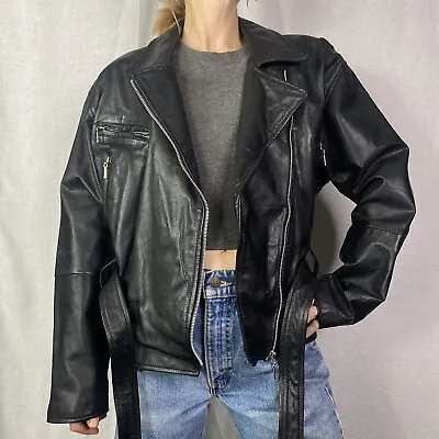 Vintage Black Leather Biker Jacket Womens Medium 90s • $78