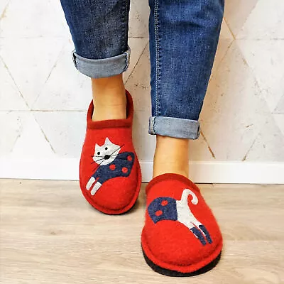 Haflinger Cucho Cat Paprika Women's Slippers Wool Red Kitty • £86.56
