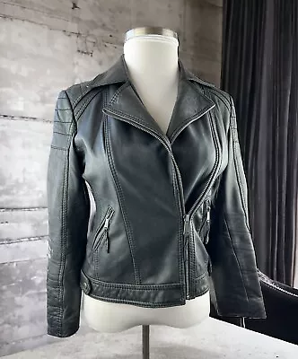 Michael Michael Kors Motorcycle Leather Jacket Distress Black Zip Moto Womens M • $59.99