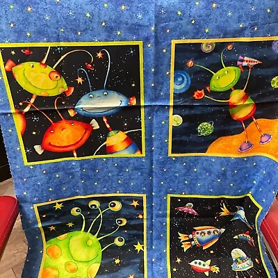 Super Spacey Jackie Decker Fabric Panel Aliens Outer Space Rockets UFO 42 X 24 “ • $14.99