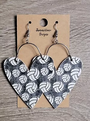 GENUINE Leather Backed Cork Heart Earrings Black And White Volleyball Print 3.5  • $12