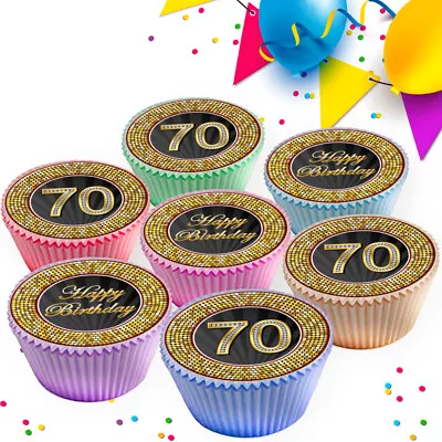 70th Birthday Age 70 Black & Gold Edible Cupcake Toppers Decorations Gt-70hb • £4.99