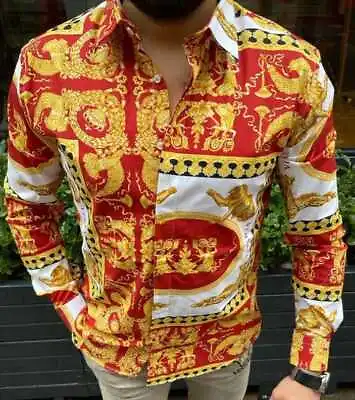 Cotton Men's Versace T Shirt Long Sleeve Button Down Red & Gold  US-EU Slim Size • $64