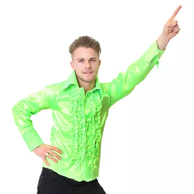 Mens Green 1970's Disco Ruffle Shirts Adults Fancy Dress Costume 70's Frilly Top • £8.99