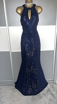 Quiz Elegant Navy Sequin Evening Prom Cruise Cocktail Party Maxi Dress Size 8 • £39.99