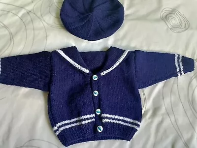 Handknitted Baby Boy Sailor Outfit With Boat Buttons And Hat 3-6 Months • £12