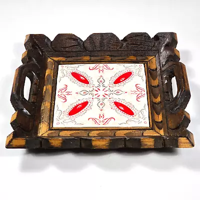 VTG MCM Mexican Hand Carved Wood Framed Ceramic Art Tile Tray 7.75  Mexico • $14