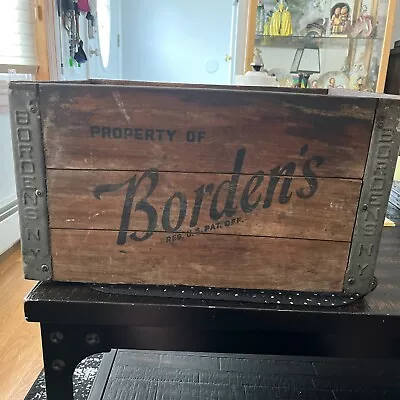 Old Vintage Bordens NY Wood Metal Milk Dairy Bottle Crate Box 19x11x13 • $80