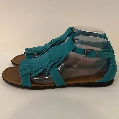 Minnetonka Sandals Turquoise Suede Fringe With Ankle Strap Women’s Size 9 • $16.95