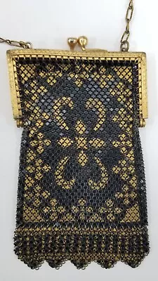 VTG Mandalian Mfg Co. Art Deco Black & Gold Enamel Mesh Purse W/Gold Tone Frame • $125