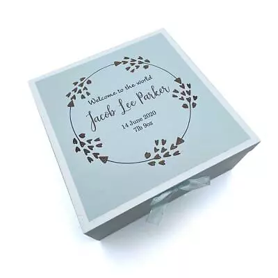 Personalised Baby Boy Blue Wooden Memories Keepsake Box Heart Wreath CG1309B-8 • £15.99