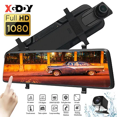 $74.69 • Buy XGODY 10  Touch Screen Rear View Mirror Car Dash Cam Reversing Recorder Camera
